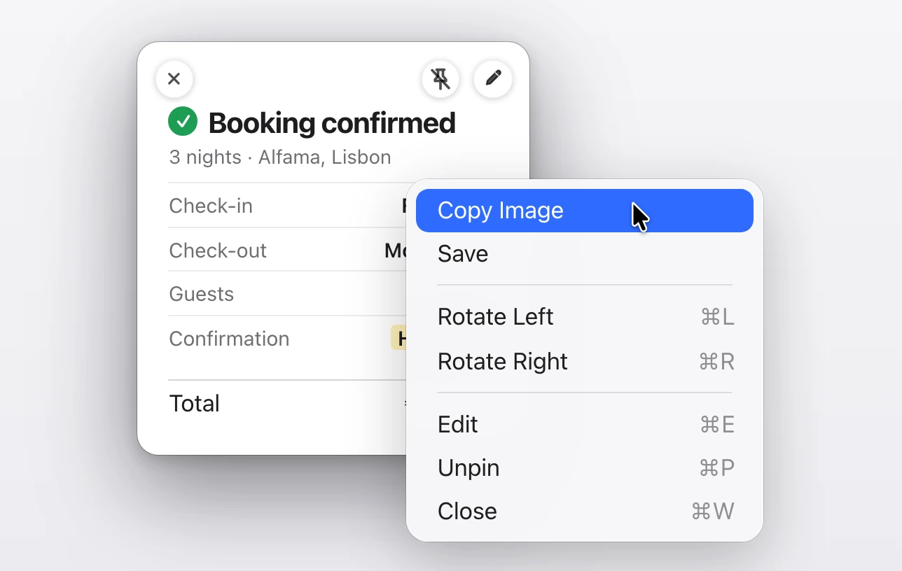 The right-click menu of a pinned screenshot in Snapix: Copy Image and Save, then Rotate Left ⌘L and Rotate Right ⌘R, then Edit ⌘E, Unpin ⌘P and Close ⌘W