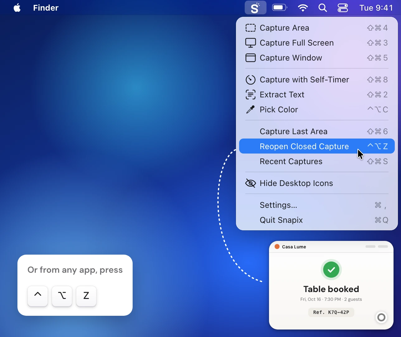 The Snapix menu open from the menu bar with the pointer on Reopen Closed Capture ⌃⌥Z, between Capture Last Area and Recent Captures, and the preview card it brings back in the screen's bottom-right corner. A note says the same works from any app with ⌃⌥Z