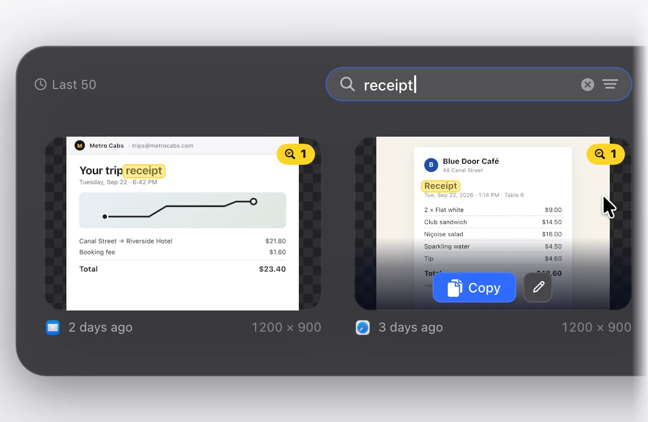 The Snapix Recent Captures strip with “receipt” typed in its search field: two captures are left, a taxi receipt from Mail and a café receipt from Safari, each with the word Receipt marked in yellow and a badge counting one match, and the pointer on the café receipt showing its Copy and Edit buttons