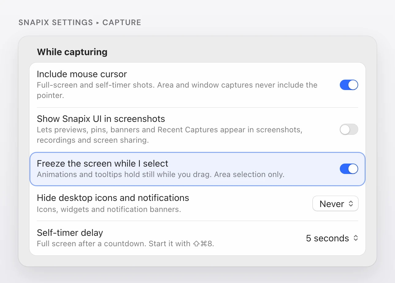 Snapix Settings, Capture page, While capturing section: Include mouse cursor on, Show Snapix UI in screenshots off, Freeze the screen while I select switched on and highlighted, Hide desktop icons and notifications set to Never, Self-timer delay set to 5 seconds
