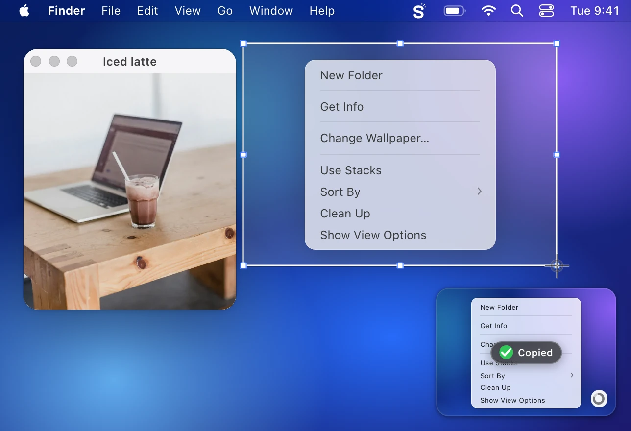 Two moments on a Mac desktop: Finder's right-click menu open beside a photo window with a Snapix area selection dragged around it and the crosshair at its corner, and the Snapix preview card that appears in the bottom-right corner after you let go, holding the captured menu with a Copied badge
