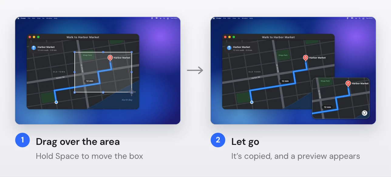 Two Mac screens with a dark map window showing a walking route. Left: a Snapix area selection with white handles dragged over the end of the route and the Harbor Market pin, the crosshair at its corner. Right: after letting go, a Snapix preview card holding just that part of the map in the bottom-right corner of the screen