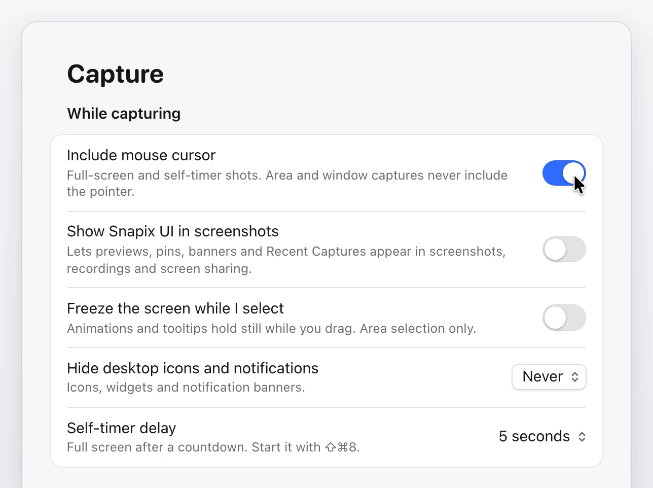 Snapix Settings on the Capture page. Under While capturing, the pointer rests on the Include mouse cursor switch, which is on, captioned ‘Full-screen and self-timer shots. Area and window captures never include the pointer.’ Below it, Show Snapix UI in screenshots and Freeze the screen while I select are off