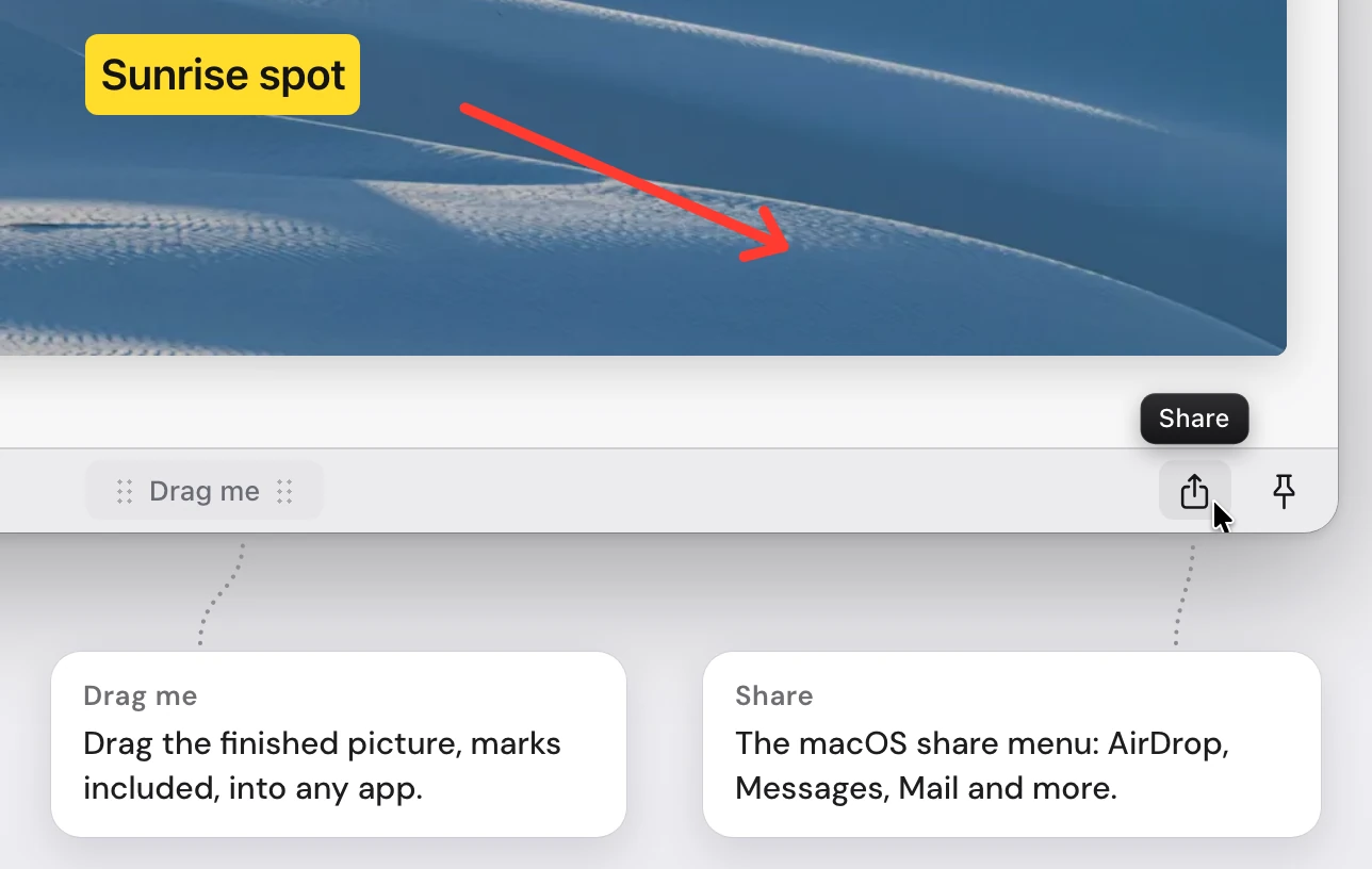 The bottom bar of the Snapix editor: the Drag me handle in the middle, and the Share button on the right next to Pin, with the pointer on Share and its Share tooltip showing
