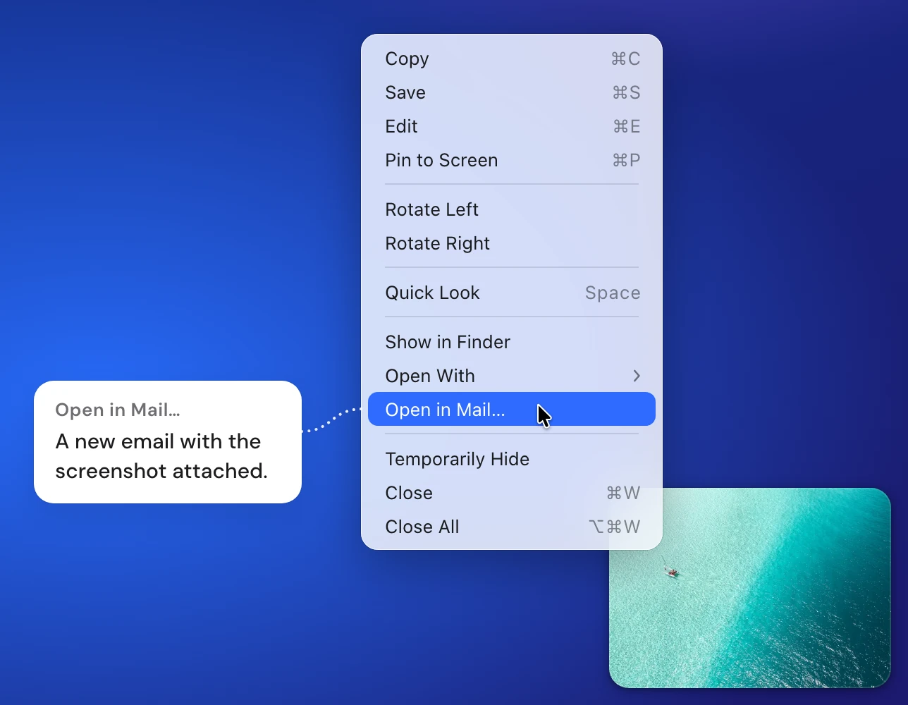 The right-click menu of a Snapix preview card in the corner of the screen, with the pointer on Open in Mail… below Show in Finder and Open With