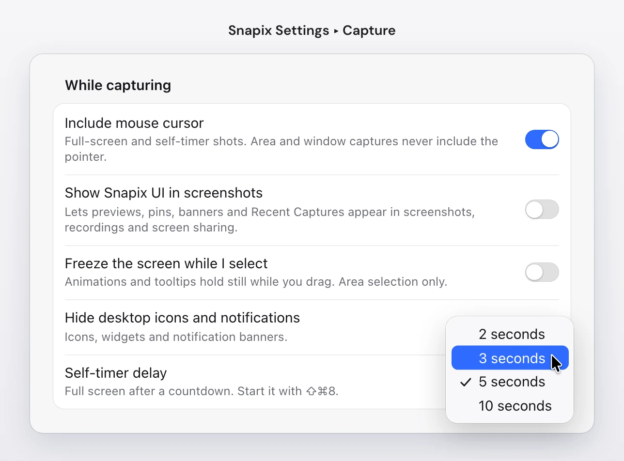 Snapix Settings ▸ Capture, under While capturing: the Self-timer delay menu is open with 2 seconds, 3 seconds, 5 seconds (checked) and 10 seconds, and the pointer on 3 seconds