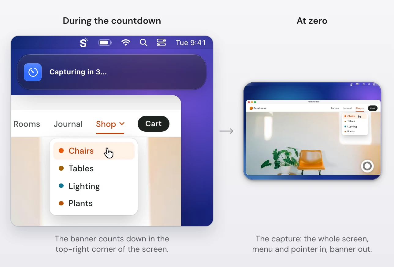 Two stages of a Snapix self-timer screenshot. During the countdown, the top-right corner of the screen: the banner Capturing in 3… with its timer icon under the menu bar, and below it a furniture shop's website with its Shop menu open and the pointer on Chairs. At zero, the Snapix preview card shows the whole screen with the open menu and the pointer, and no banner