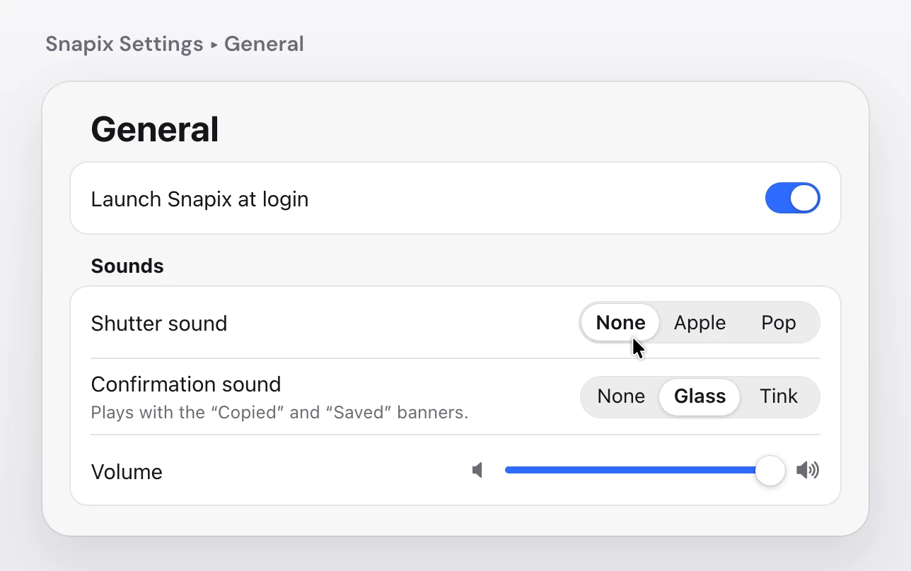 Snapix Settings ▸ General, Sounds section: Shutter sound set to None with the pointer on it, Confirmation sound set to Glass (None, Glass, Tink), and a Volume slider at full between two speaker icons