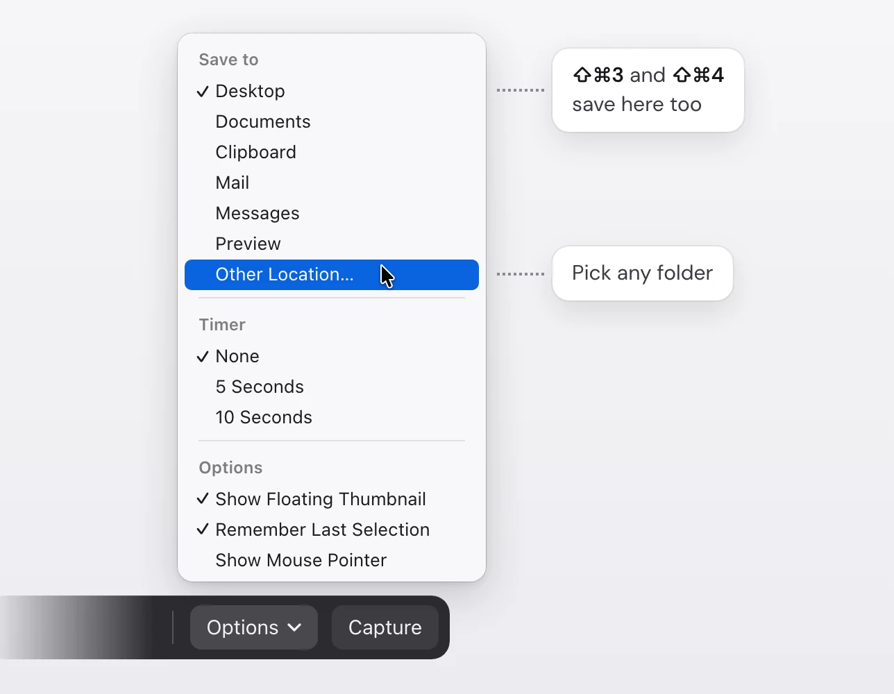 The Options menu of the macOS Screenshot toolbar, with Desktop ticked under Save to and Documents, Clipboard, Mail, Messages, Preview and Other Location… below it