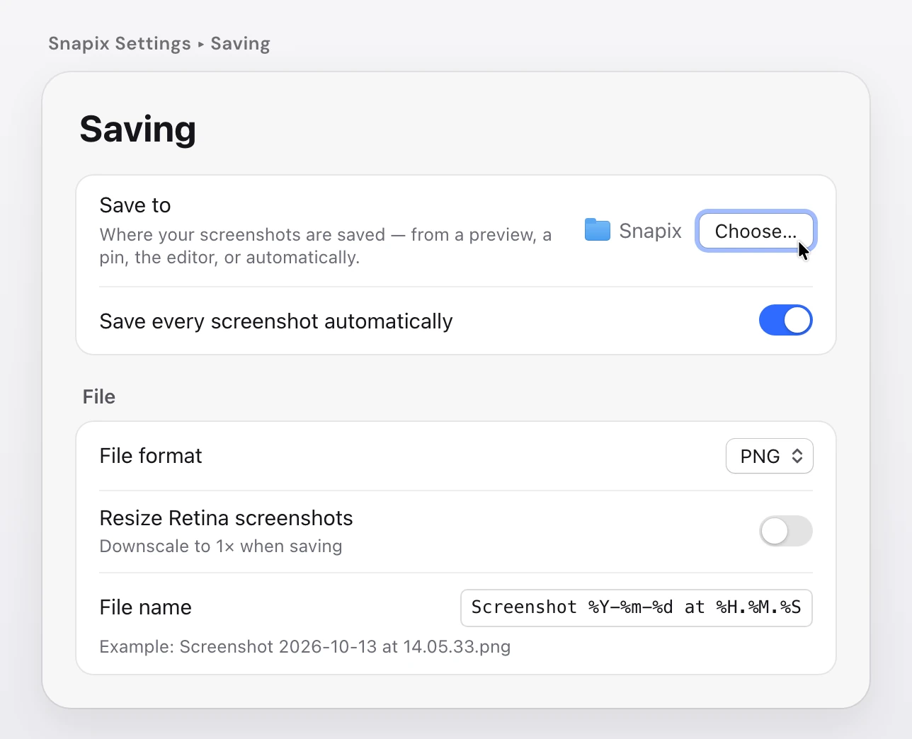 Snapix Settings, Saving page: Save to shows the Snapix folder with a Choose… button, Save every screenshot automatically is switched on, and below, File format PNG, Resize Retina screenshots off, and the file name pattern with an example